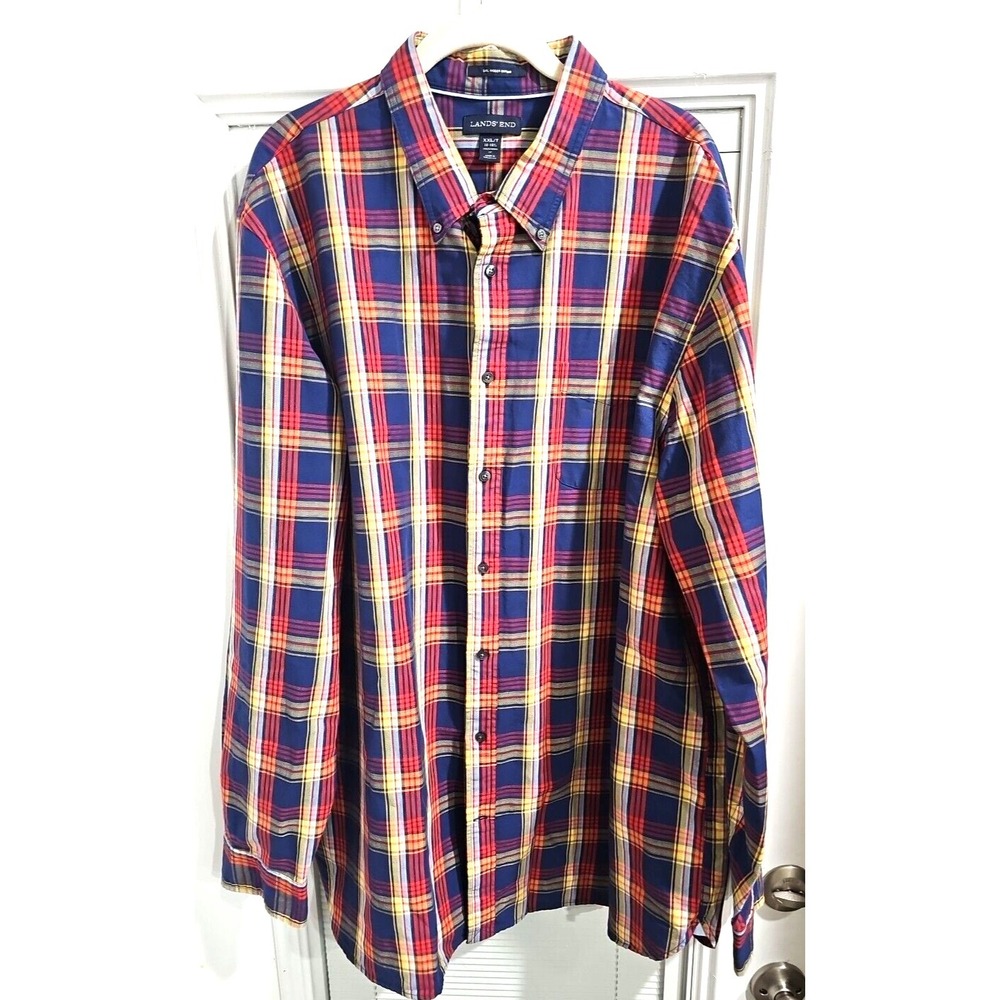 Lands End Blue Plaid Soft Flannel Men Shirt Sz XXL/T Long Sleeve Traditional Fit